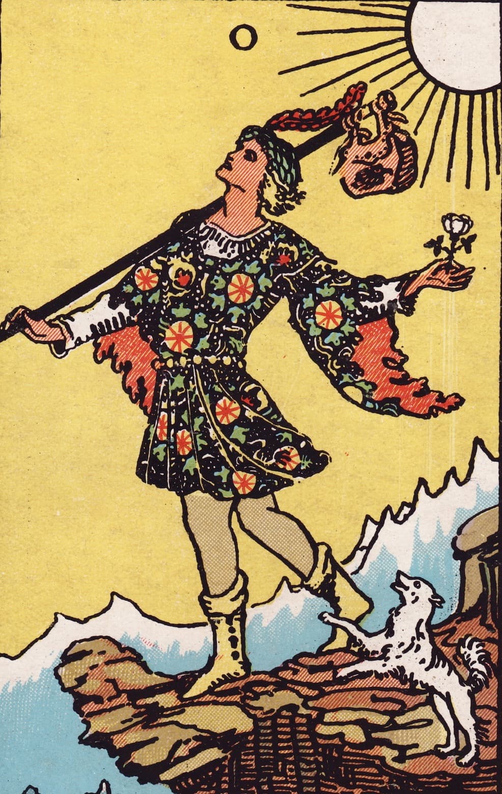 The Fool tarot card artwork, mirrored
